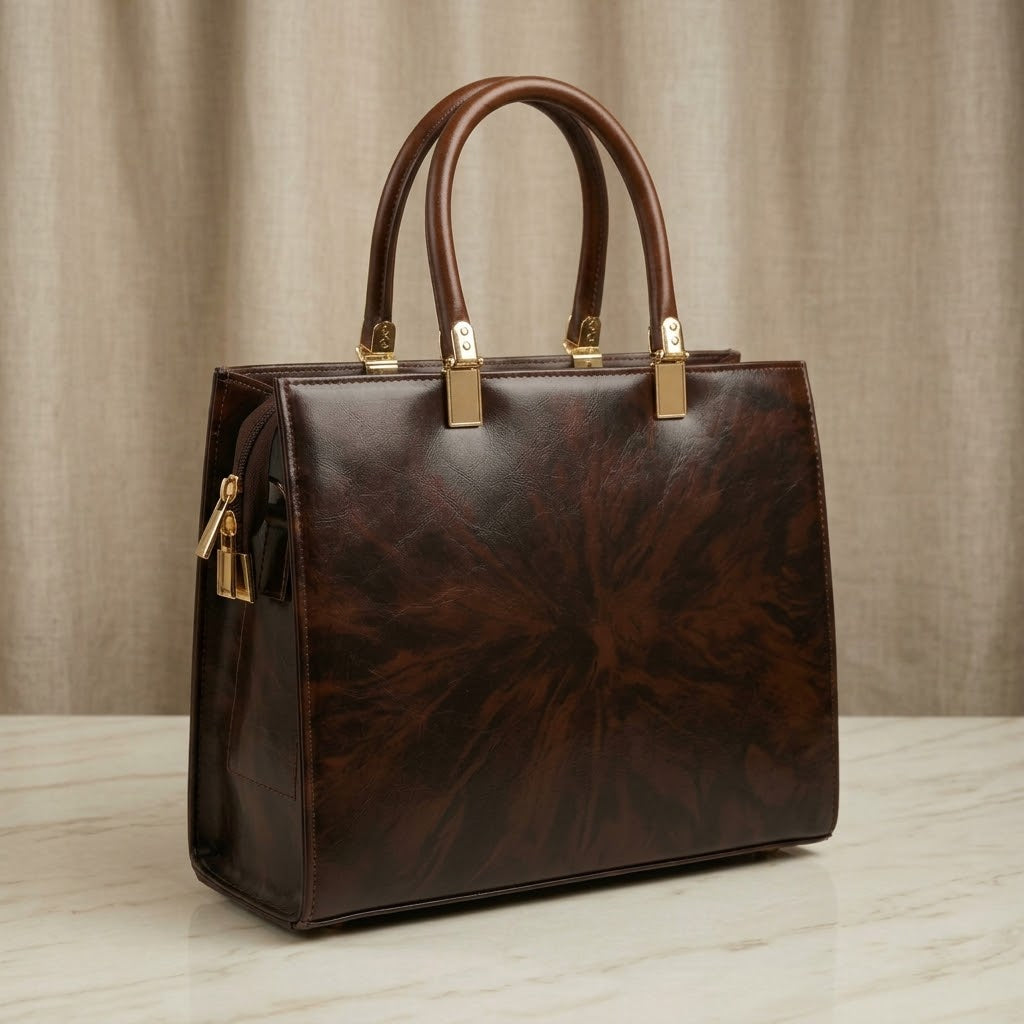 Premium Marble Brown Top-Handle Tote Bag – Elegant Handbag for Women